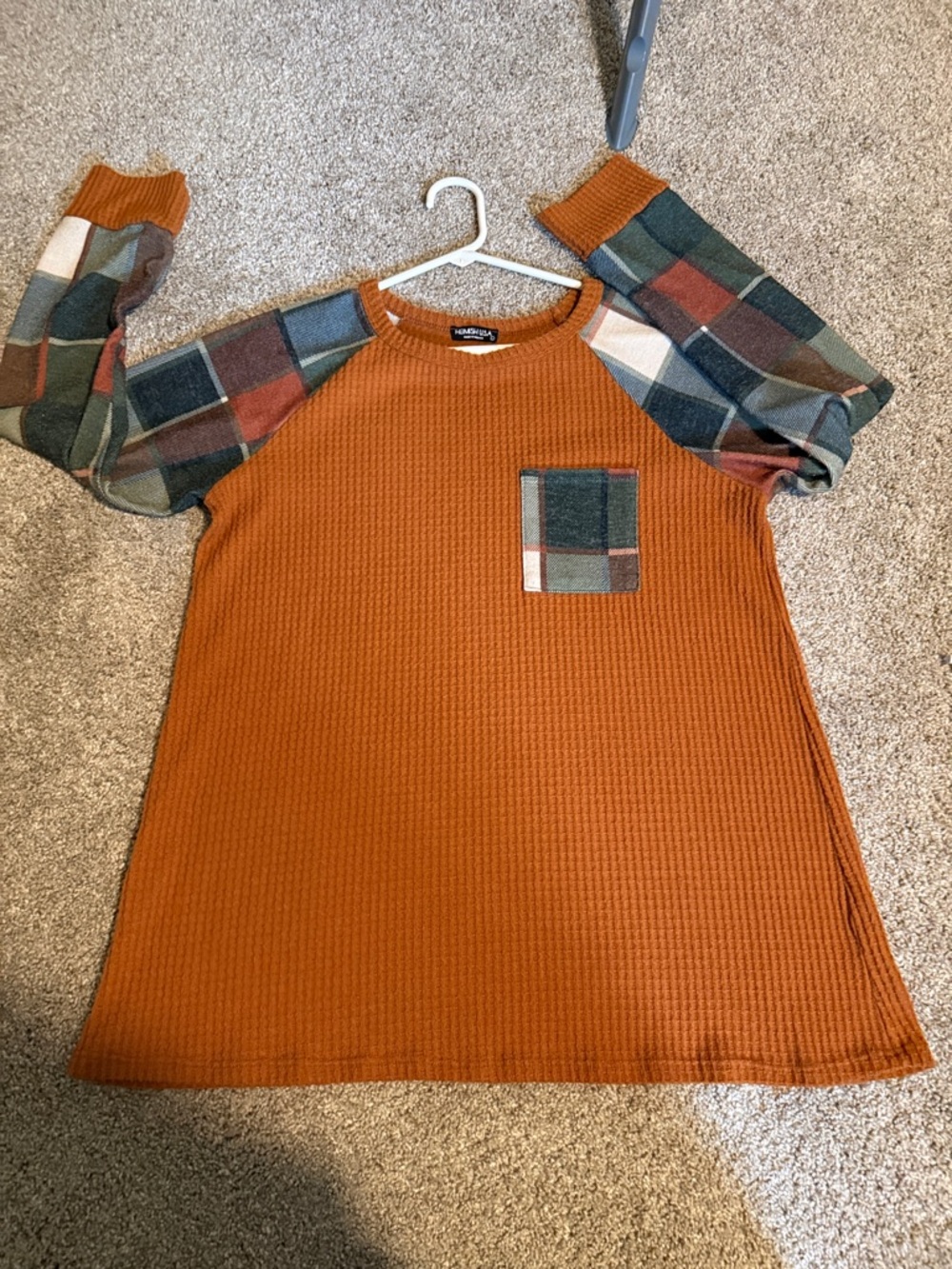 Rust Waffle Knit Tunic with Plaid Sleeve Accents